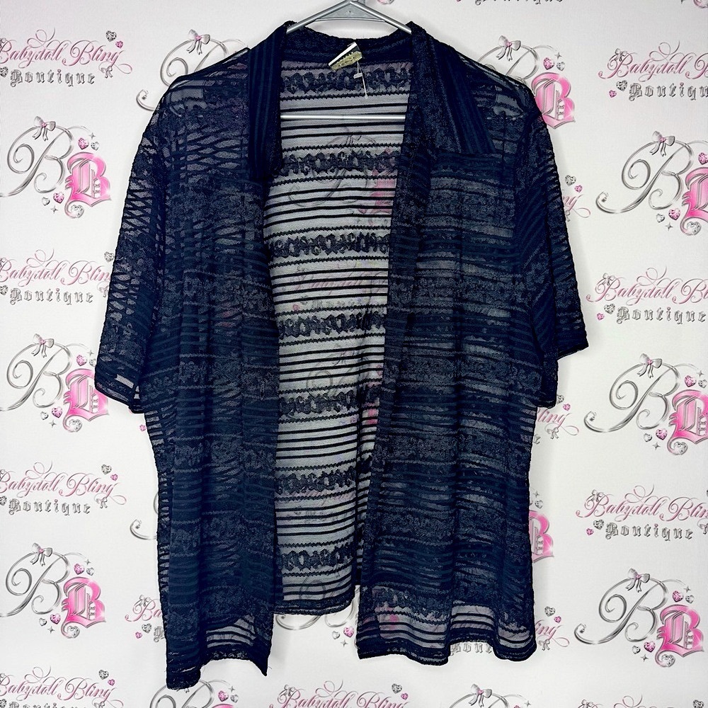 Antels open shirt style Black Sheer Striped Open Cardigan striped lace Lacie